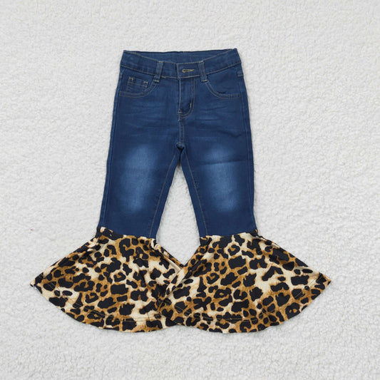 Blue denim bell bottom leopard print jeans  P0116
