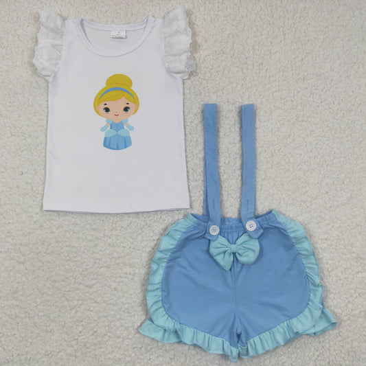 Baby girls summer blue princess suspender shorts sets  A4-3