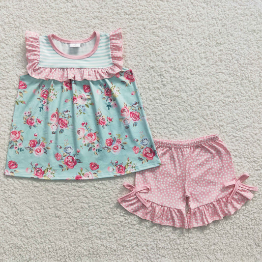 (Promotion)Girls flowers print summer shorts clothes set GSSO0215
