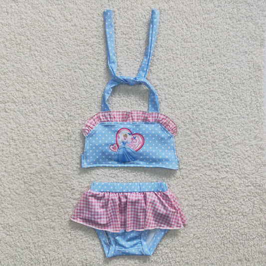 Girls blue Princess print 2 pieces swimsuit  S0059