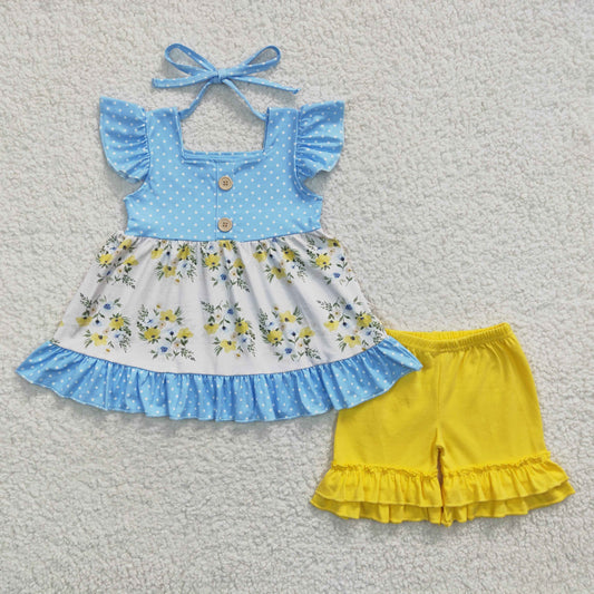 (Promotion)Girls blue floral ruffle tunic top yellow shorts outfits GSSO0220