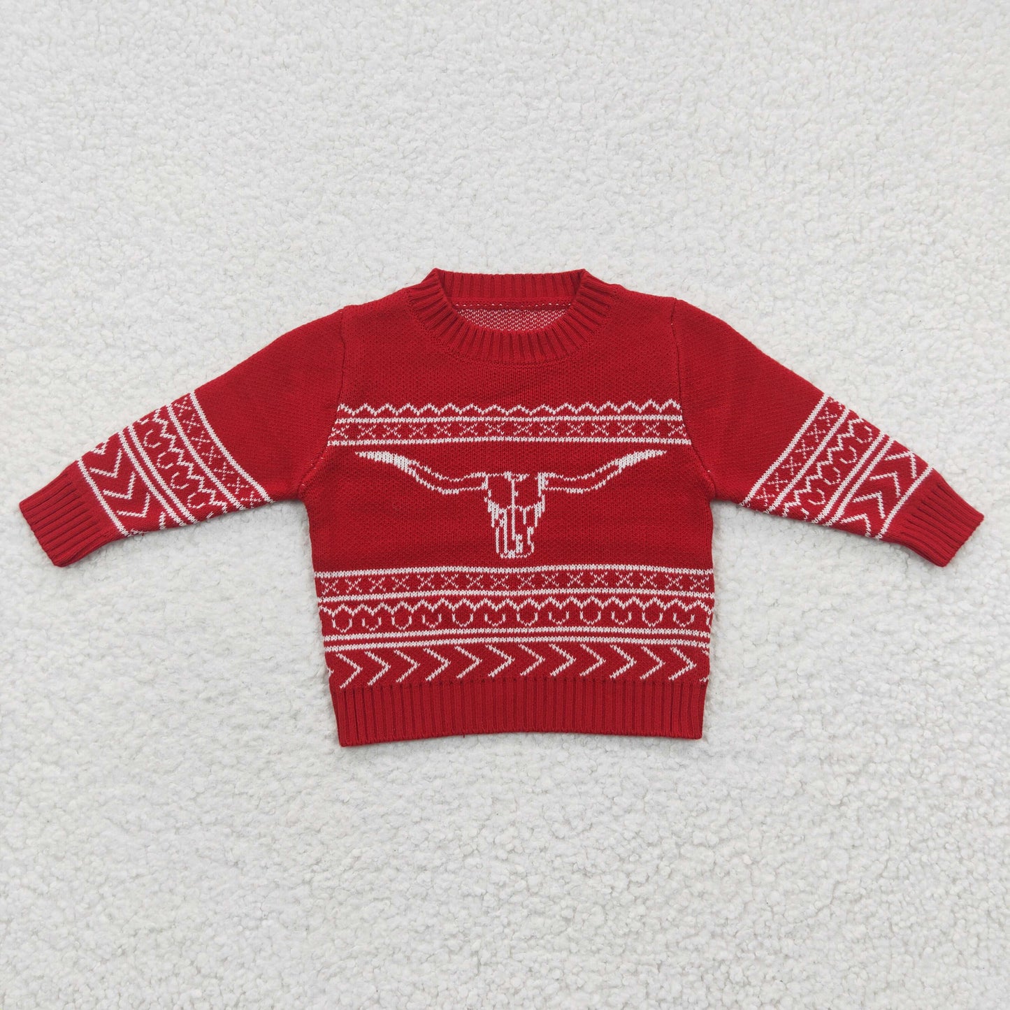 Boys western cow skull print RED woolen sweater        BT0218