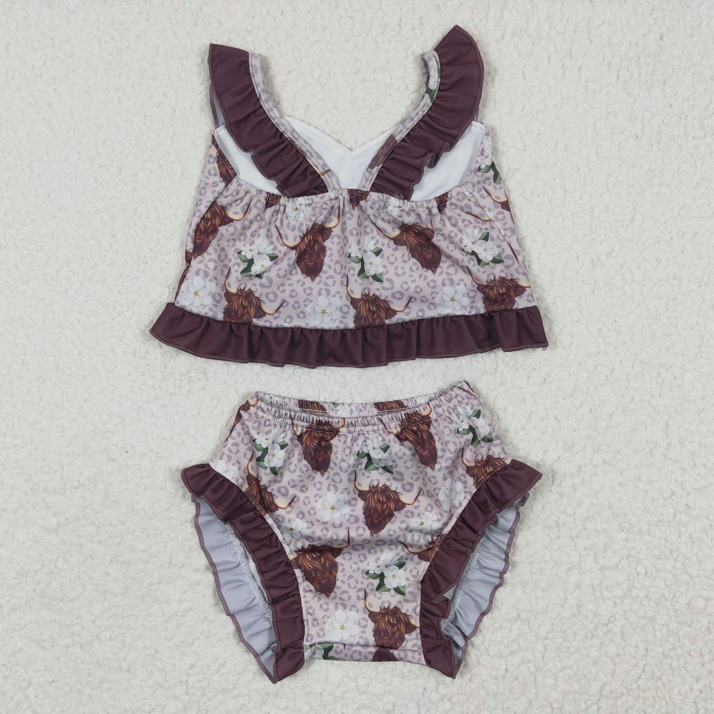 Girls brown highland cow print 2 pieces swimsuits S0103