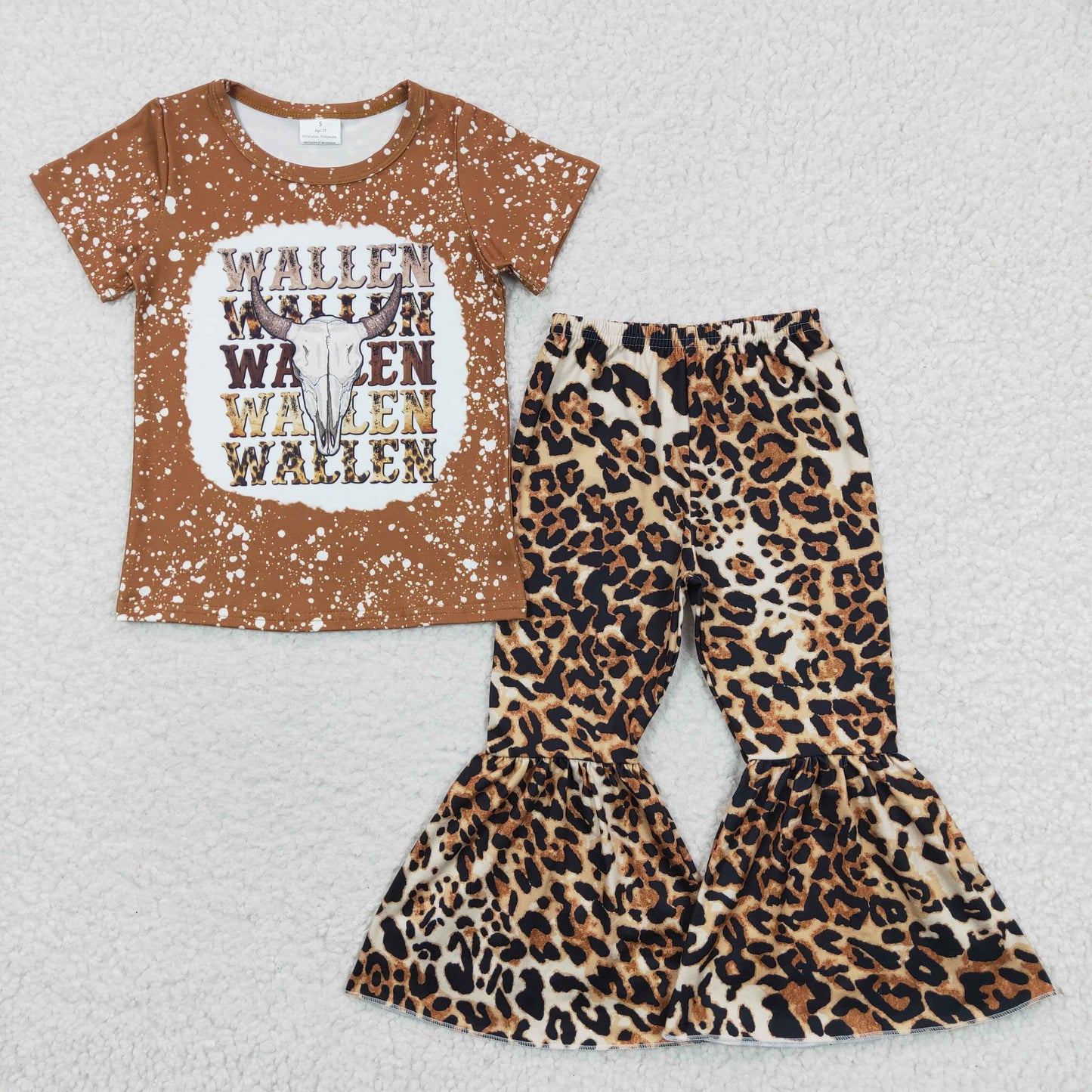 Girls cow skull print top leopard bell bottom pants western outfits GSPO0592