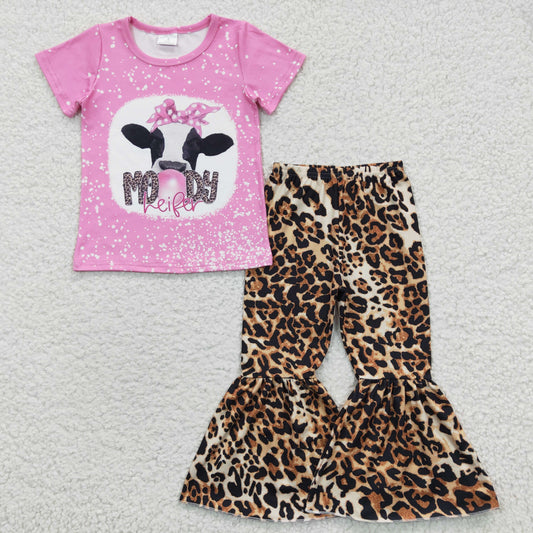 Girls pink MOODY heifer print top leopard bell bottom pants western girls outfits GSPO088