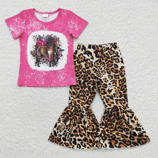 Girls hot pink horses print top leopard bell bottom pants western outfits GSPO0590