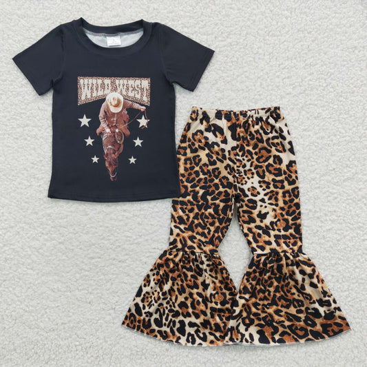 Girls black wild west top leopard bell bottom pants western outfits GSPO0591