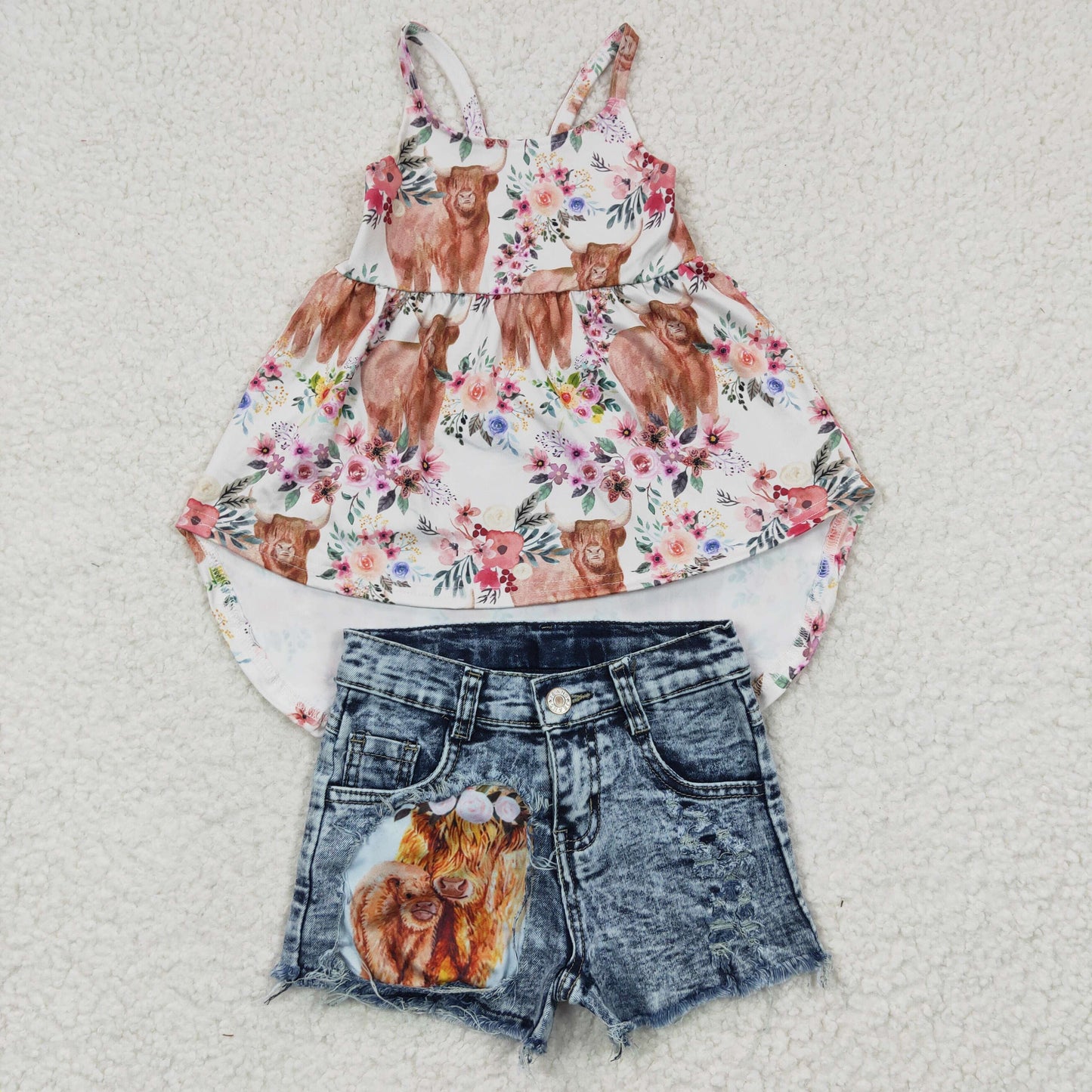 Girls highland cow floral high low spaghetti strap top blue denim cow shorts outfits GSSO0277