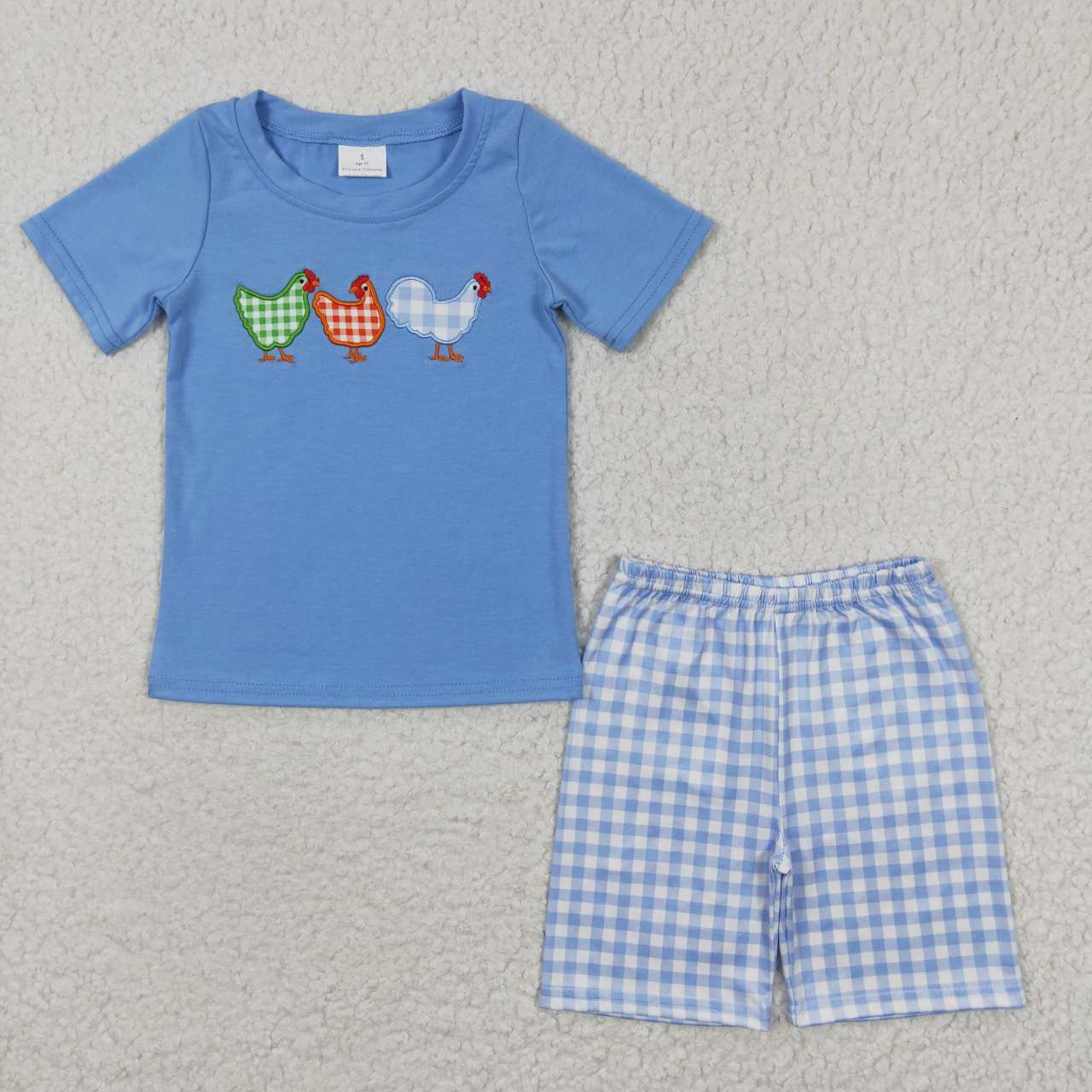 Boys blue plaid chicken print summer outfits BSSO0201