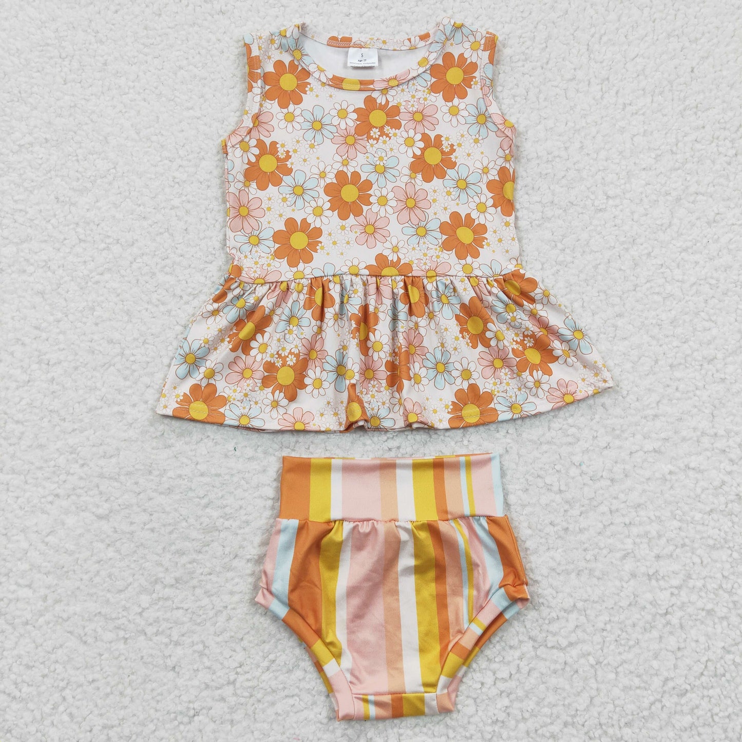 Baby girls orange floral top stripes print bummie sets GBO0106