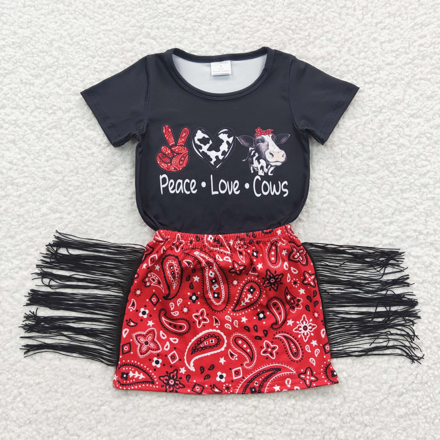 (Promotion)Girls peace love cow top & tassels skirts summer western outfits GSD0302