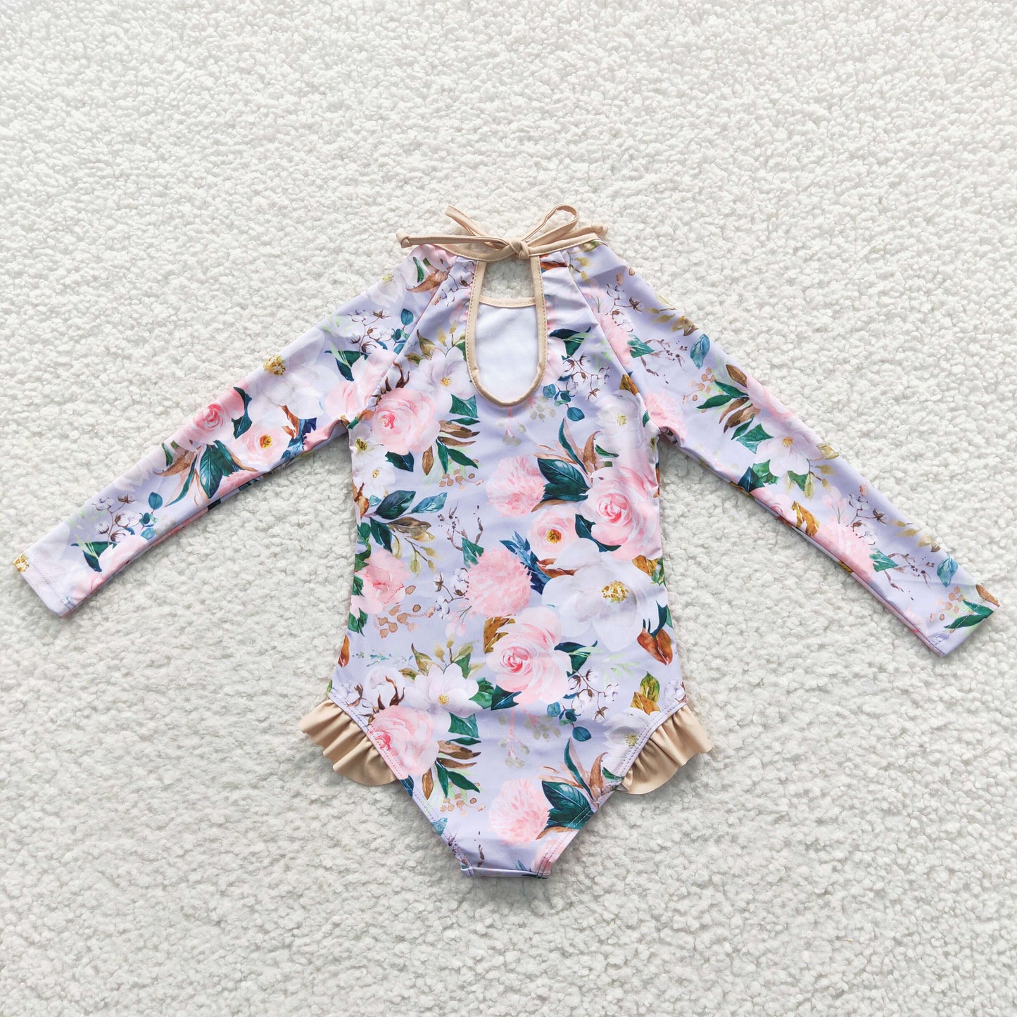 Girls floral print 1 piece long sleeve swimsuits S0085