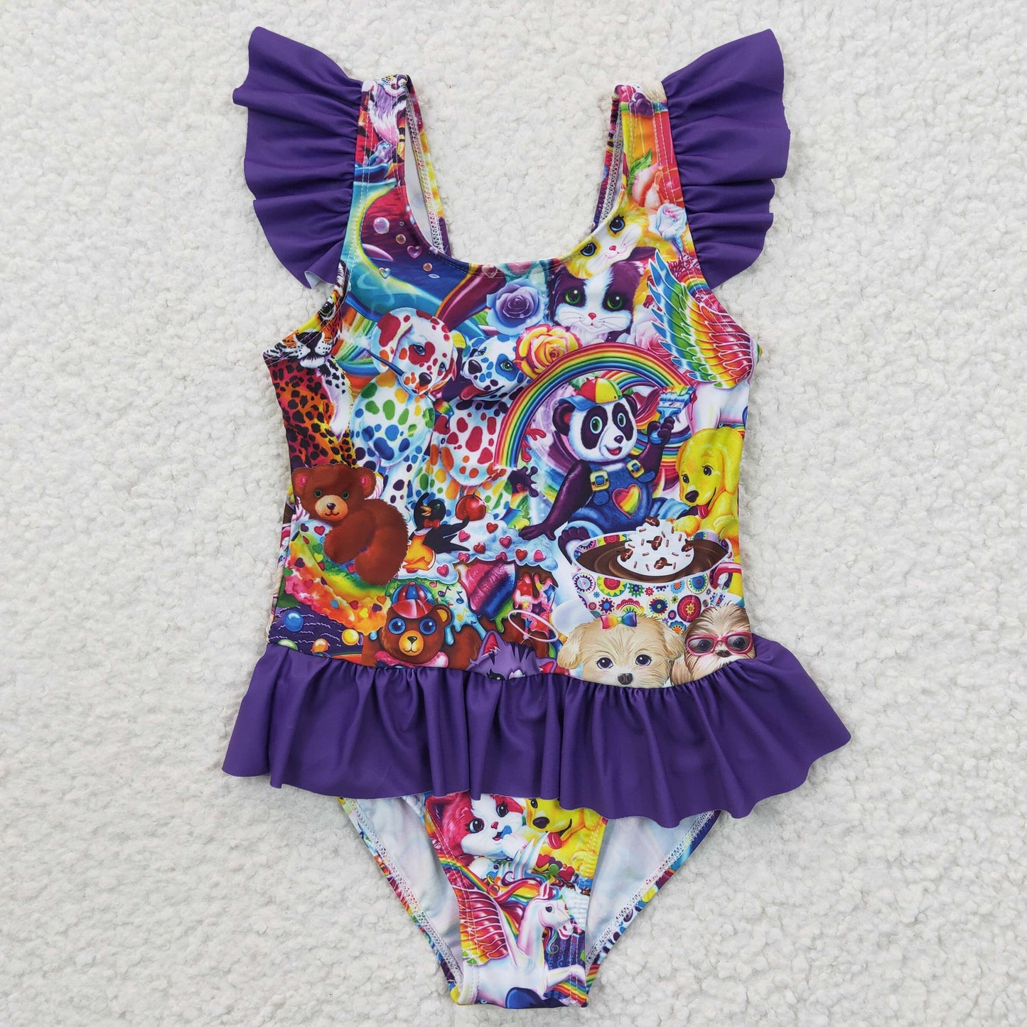 Girls purple cartoon print 1 piece swimsuit    S0041