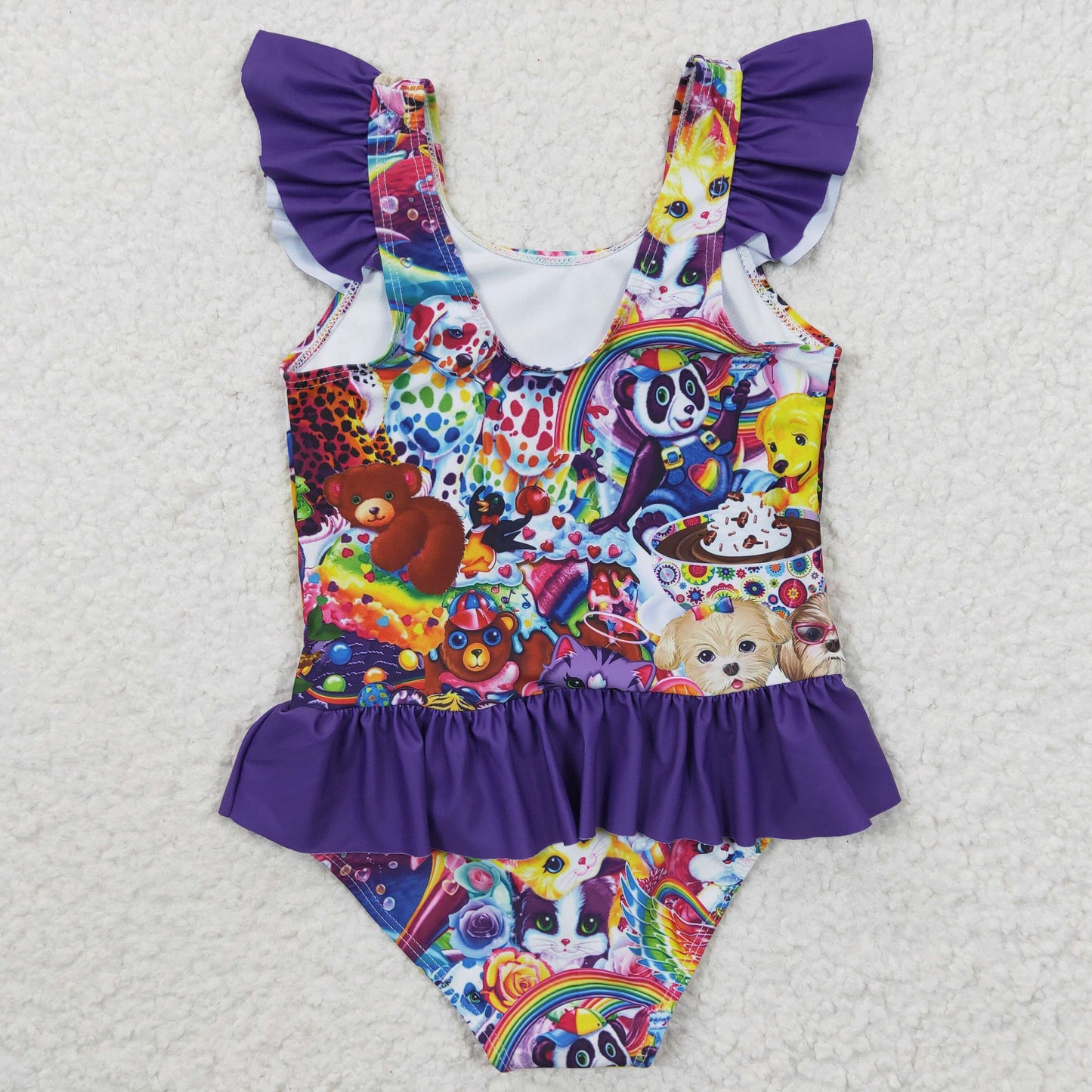 Girls purple cartoon print 1 piece swimsuit    S0041