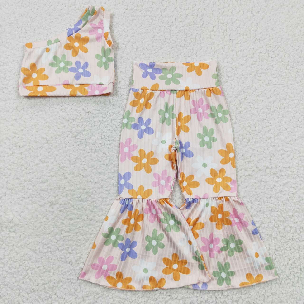 Girls One Shoulder top colorful flowers print bell bottom pants outfits GSPO0525