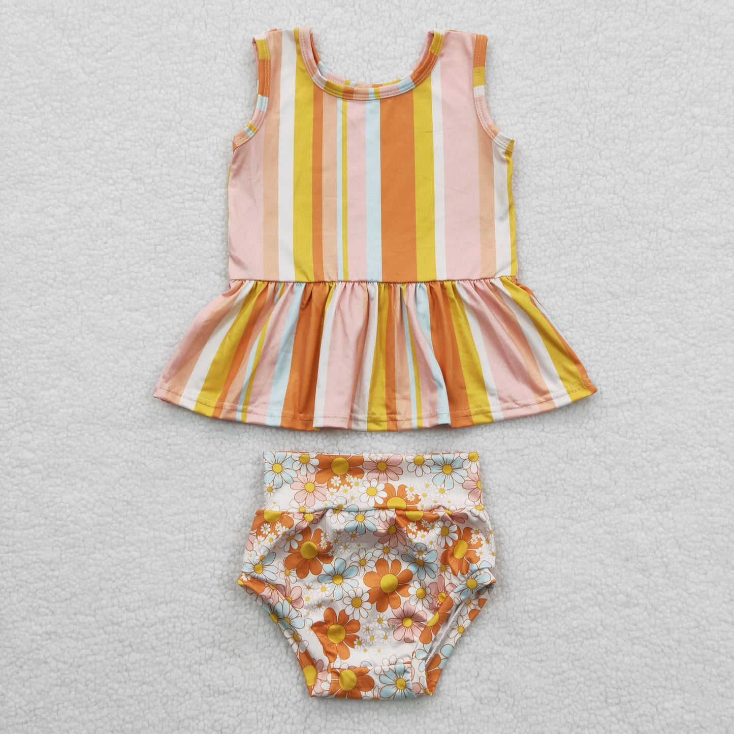 Baby girls stripes top orange floral print bummie sets GBO0105