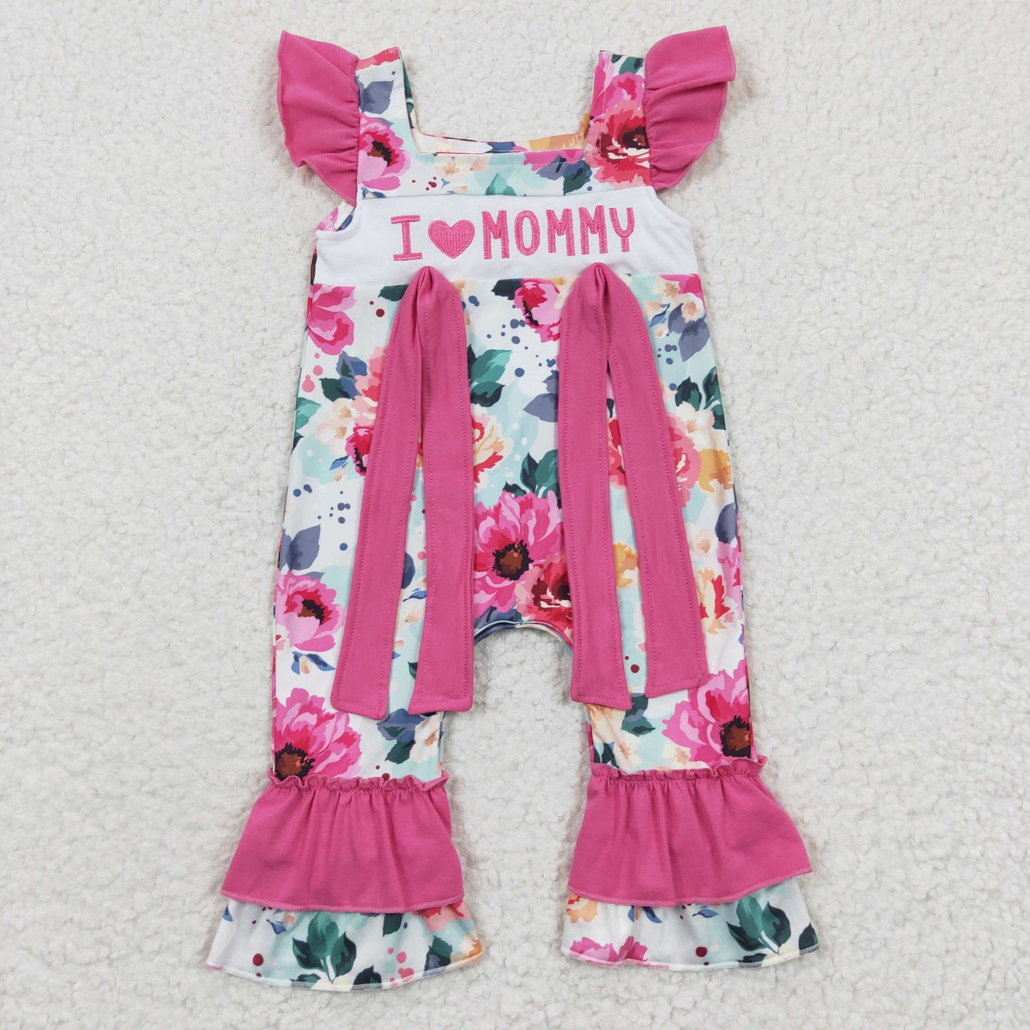 Baby girls pink I LOVE MOMMY flowers print summer romper      SR0251