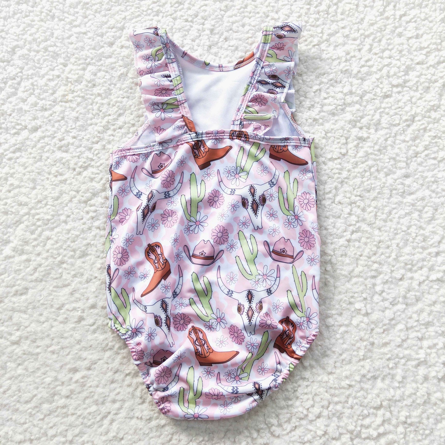 Girls pink western print 1 piece swimsuits S0111