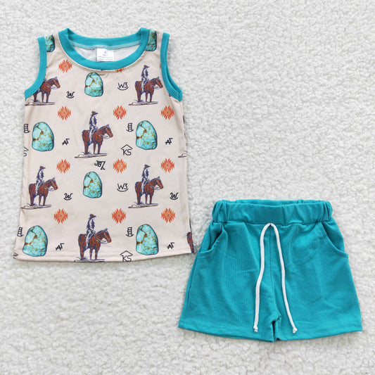 Cowboy turquoise print top Boys summer western outfits BSSO0208