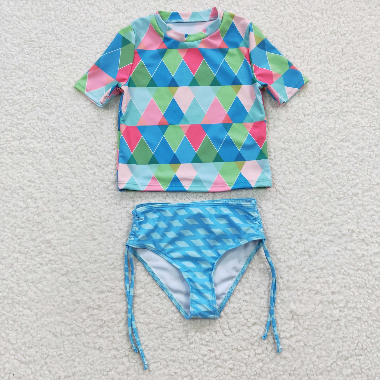 Girls colorful short sleeve 2 pieces swimsuits S0114