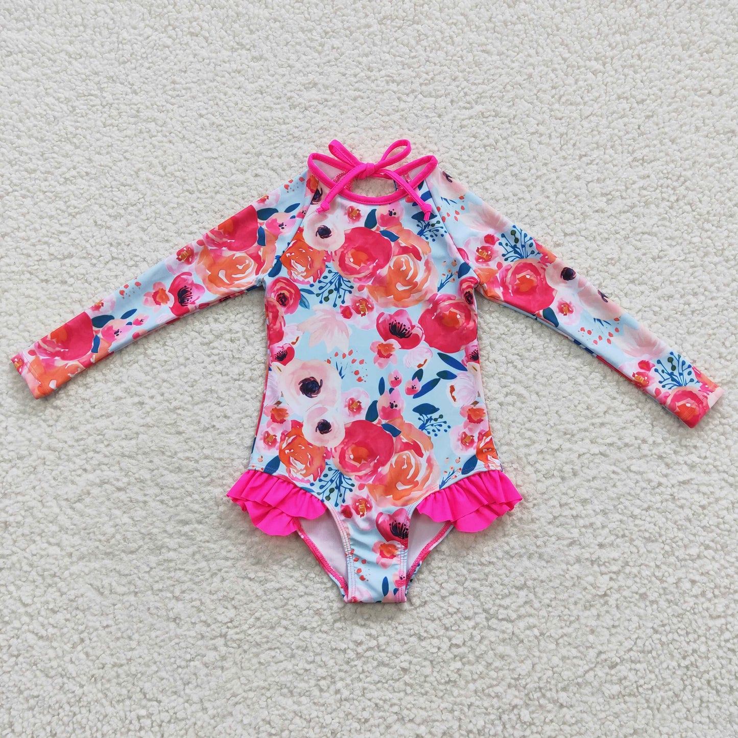 Girls hot pink floral print long sleeve 1 piece swimsuits S0083