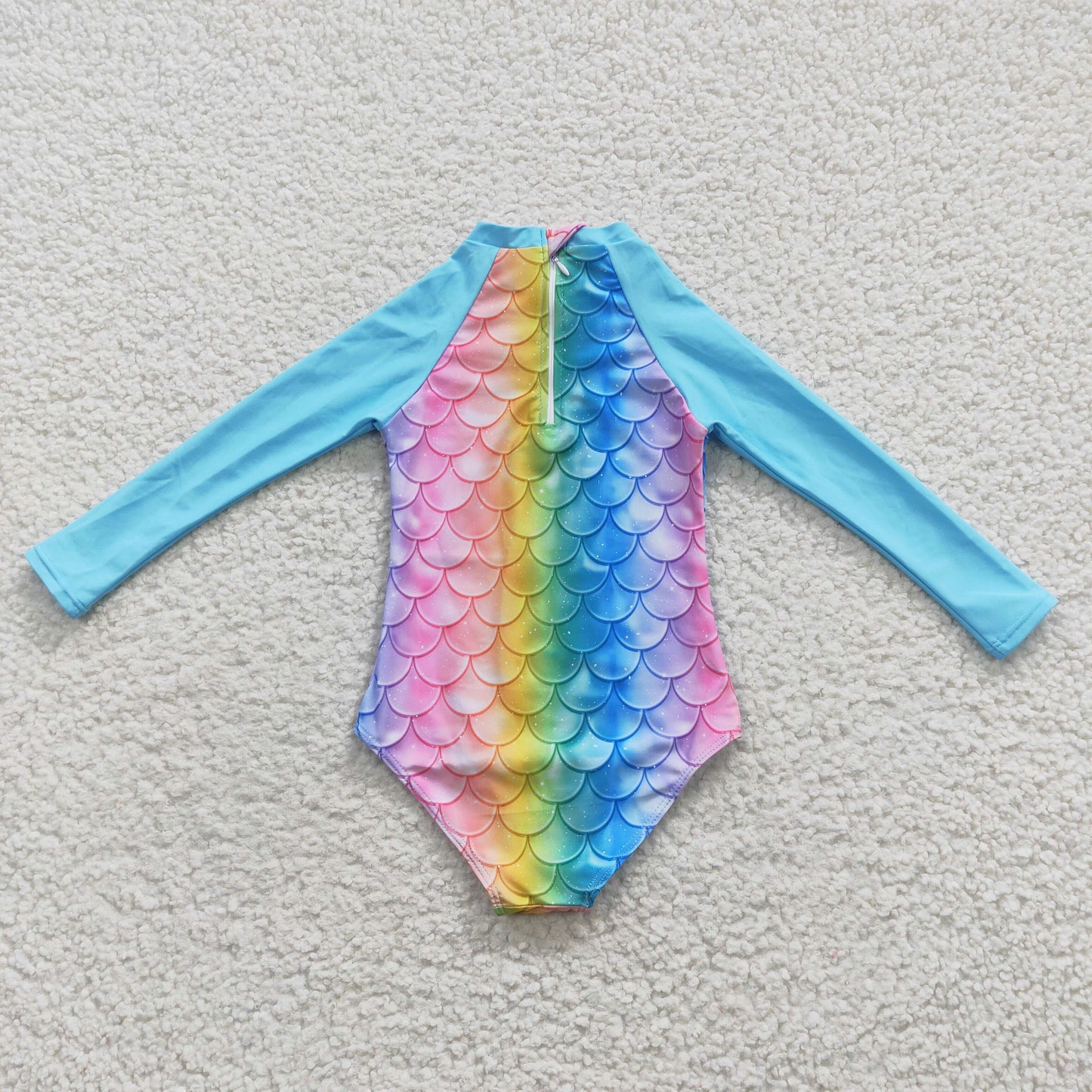 Girls long sleeve Mermaid scale print zipper 1 piece swimsuits S0075