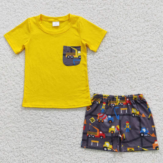 Boys yellow top construction print summer outfits BSSO0231