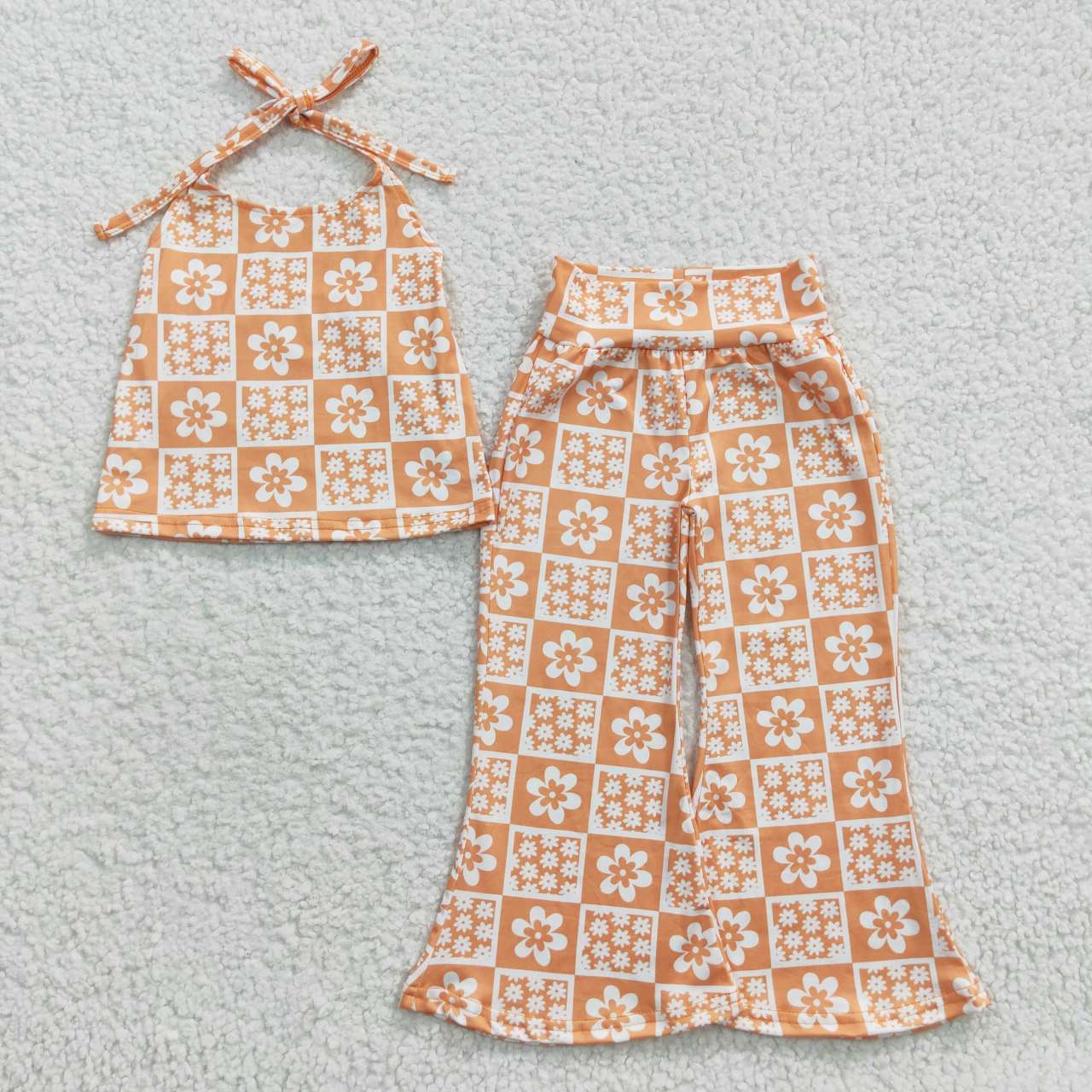 Girls Orange Flowers Halter Strap Top Bell Bottom Pants Clothes Sets GSPO0519