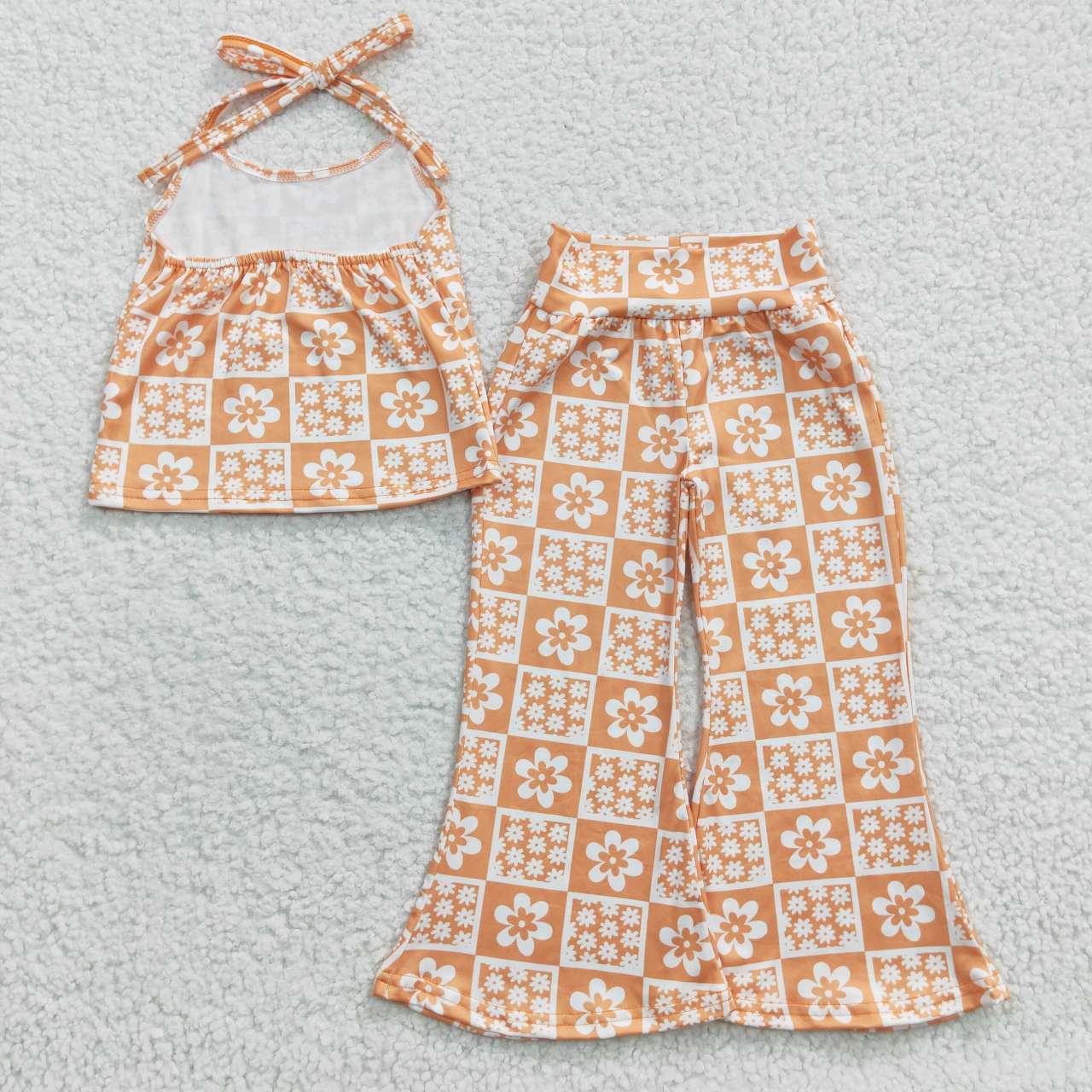 Girls Orange Flowers Halter Strap Top Bell Bottom Pants Clothes Sets GSPO0519