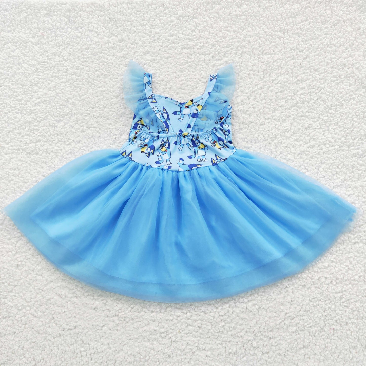 Flutter sleeves blue cartoon dog tutu girls summer twirl dress GSD0334