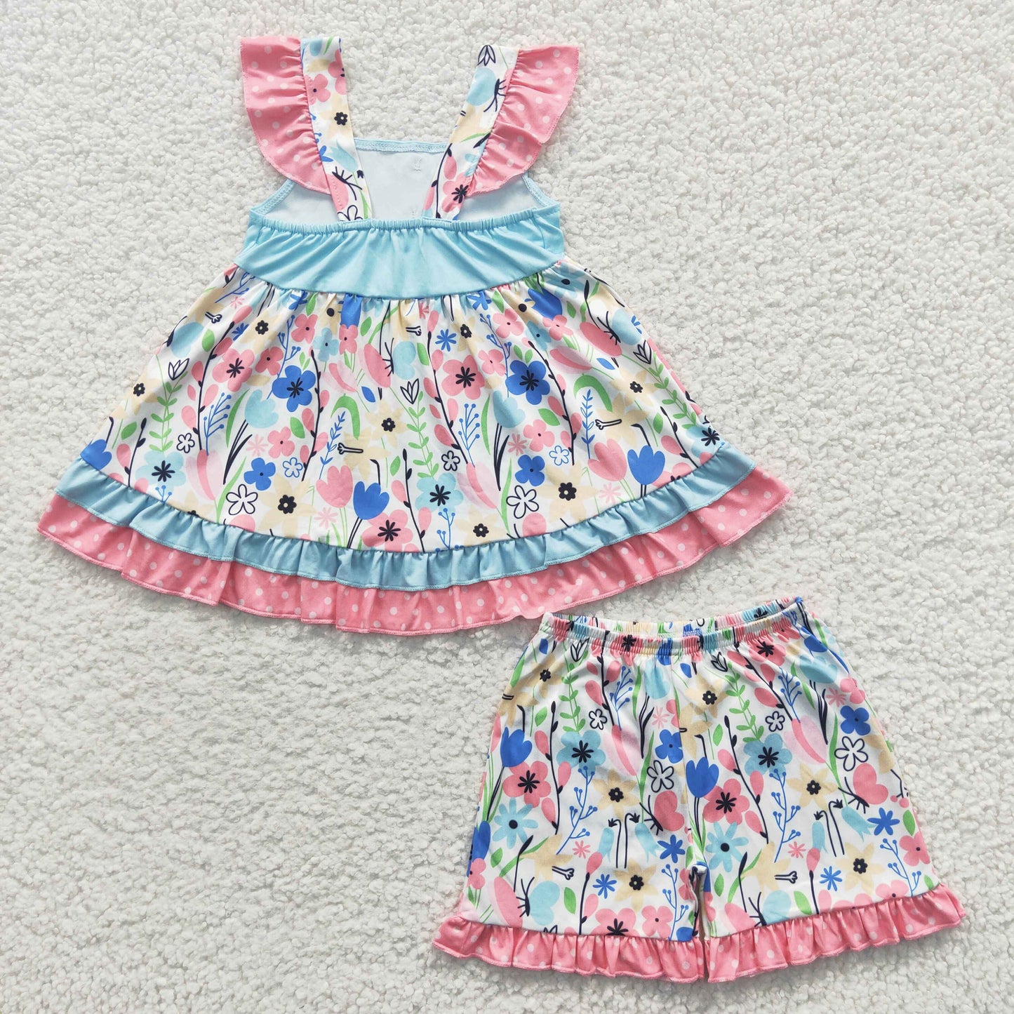 GSSO0243 Flowers print ruffles girls summer clothes set