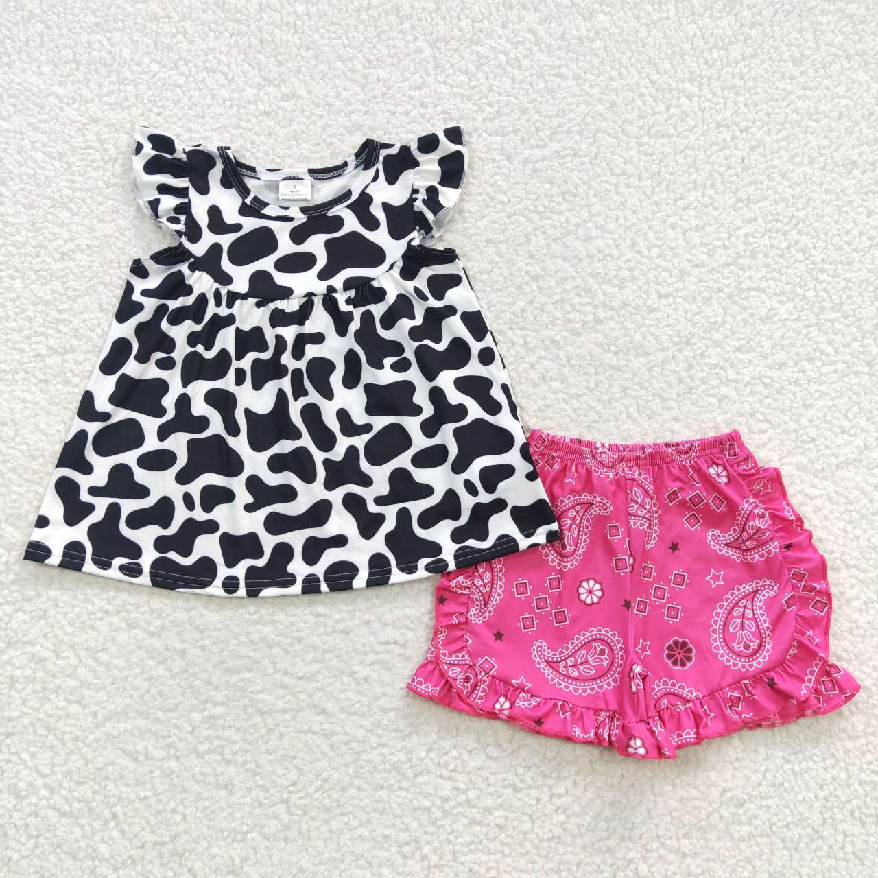 GSSO0300 Girls cow print top hot pink shorts western summer outfits