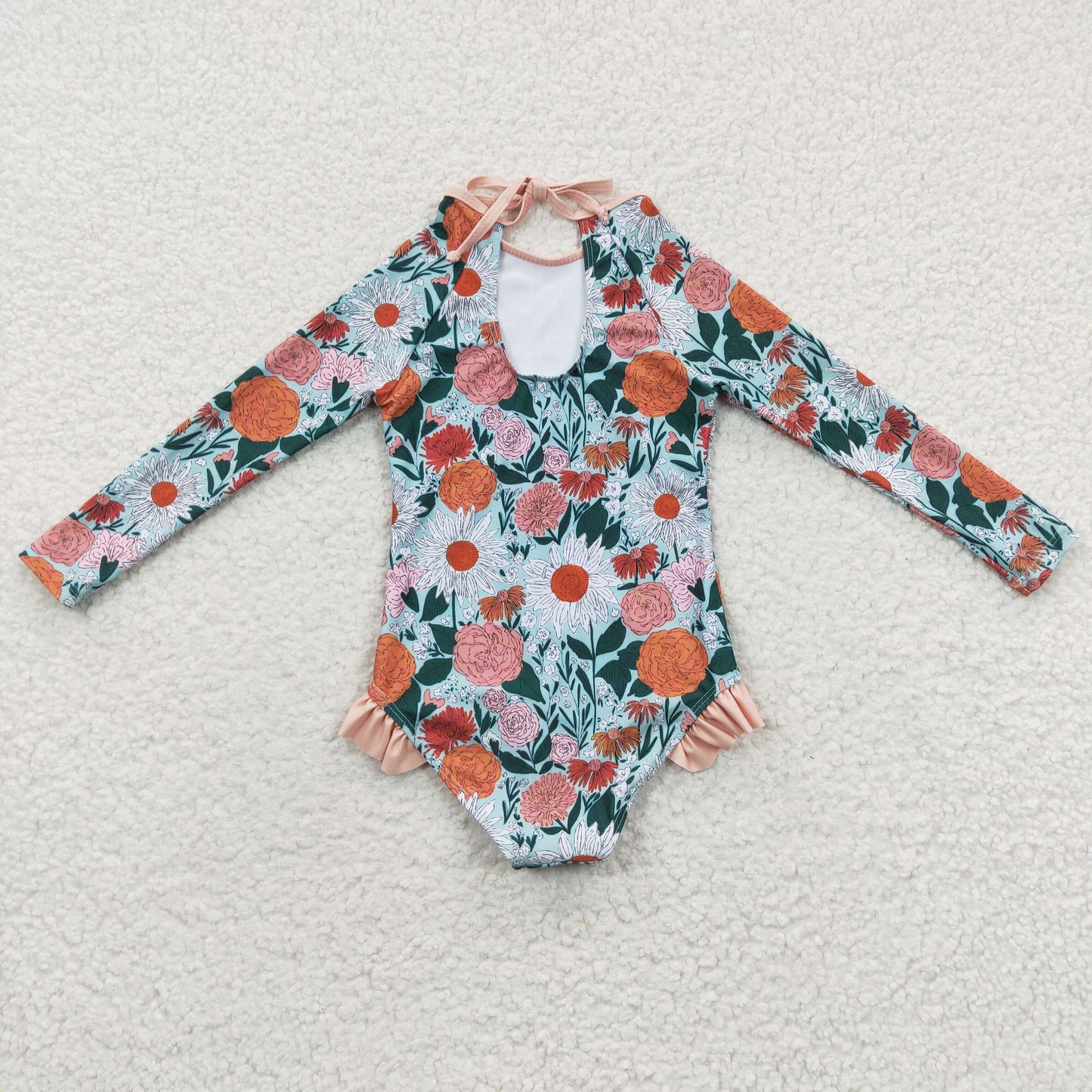 S0084 Girls long sleeve orange floral print 1 piece swimsuits