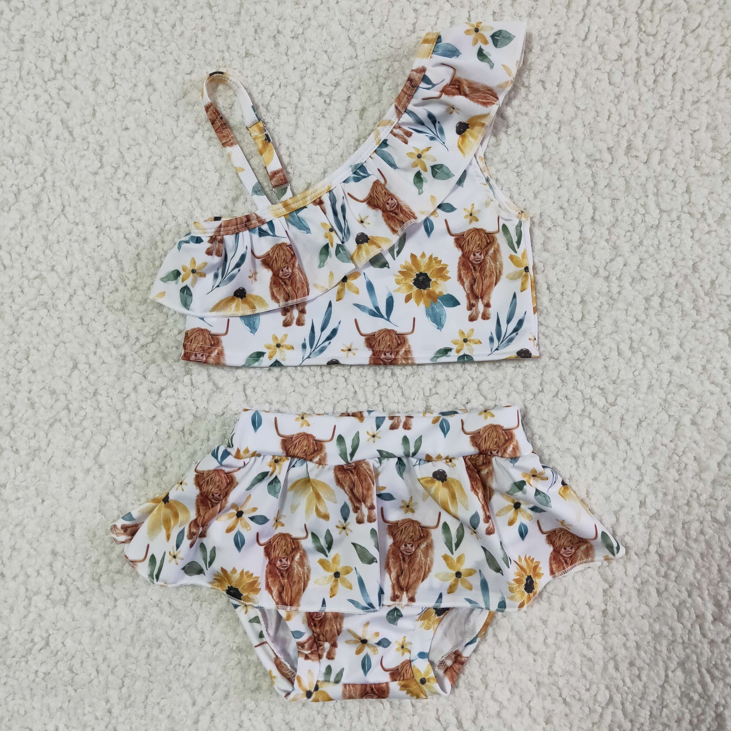 Girls flowers highland cow print 2 pieces swimsuit S0025