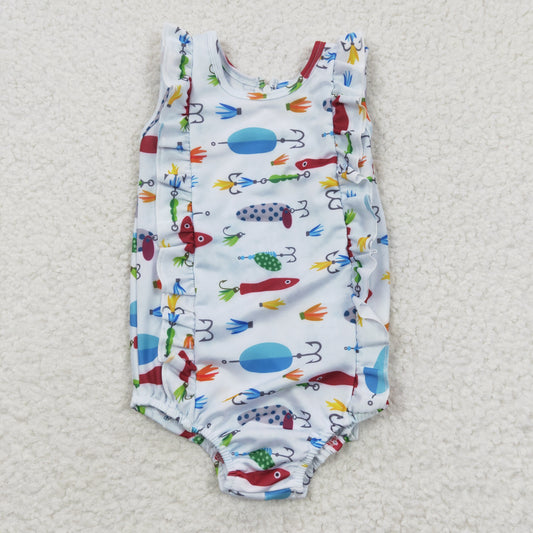 Girls fishing print 1piece zipper swimsuits    S0043