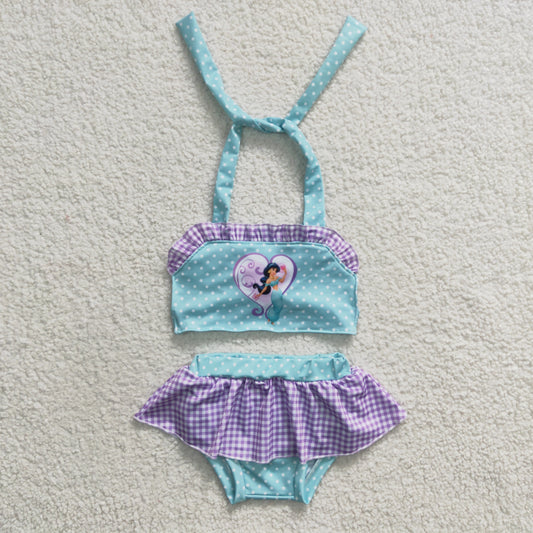 Girls aqua Princess print 2 pieces swimsuit  S0056