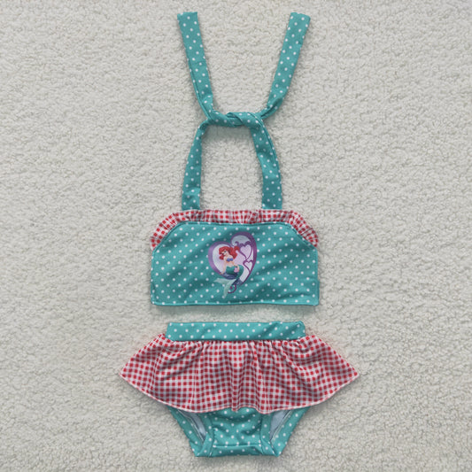 Girls green Princess print 2 pieces swimsuit  S0057