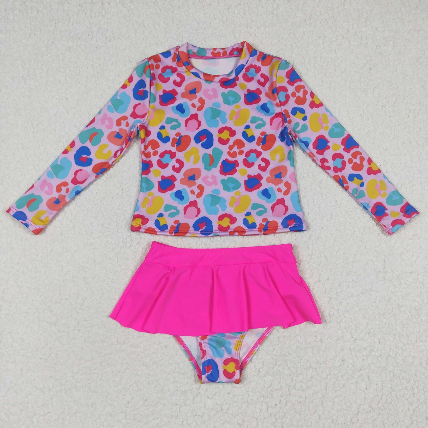 Girls hot pink long sleeve colorful leopard bathing suits S0062