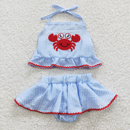 Girls blue seersucker crab print embroidery swimsuits S0081
