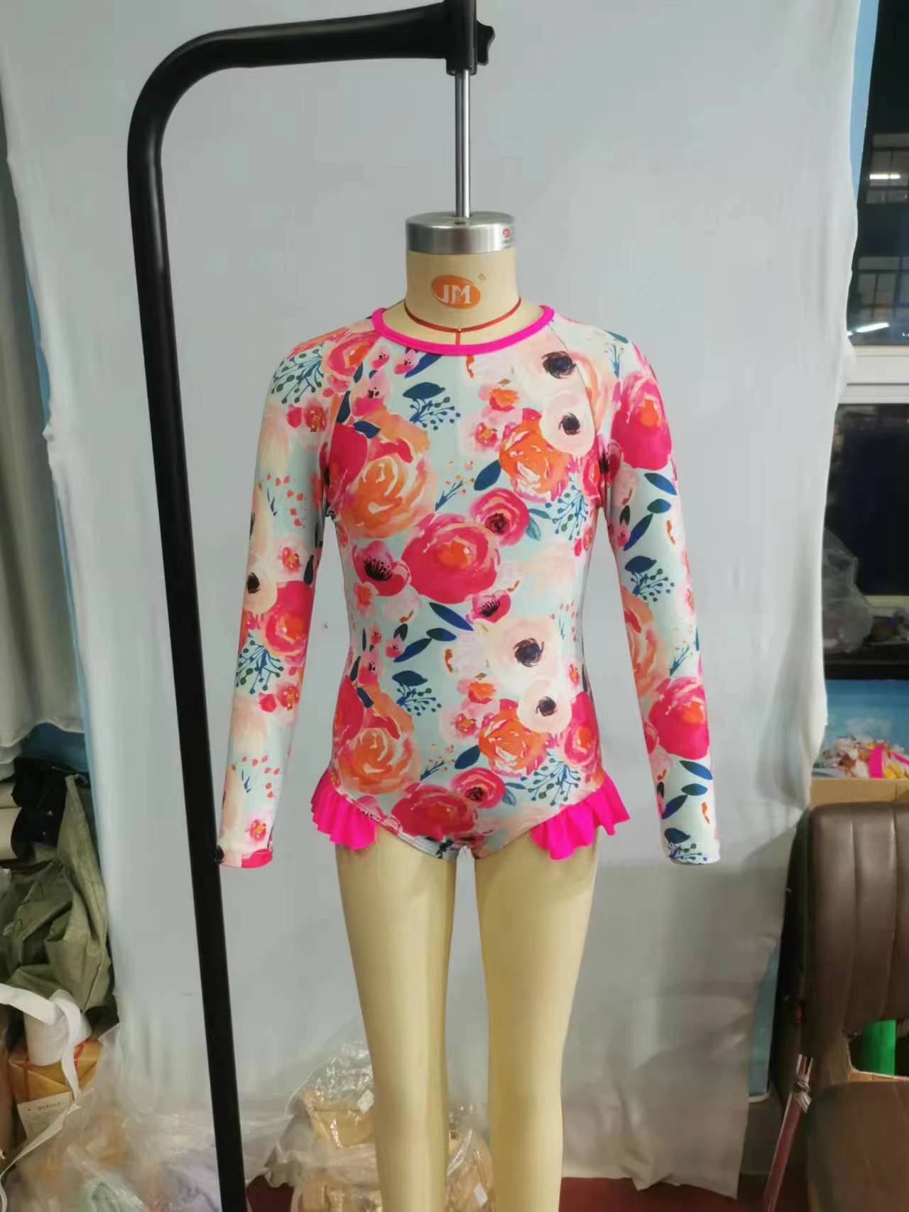 Girls hot pink floral print long sleeve 1 piece swimsuits S0083