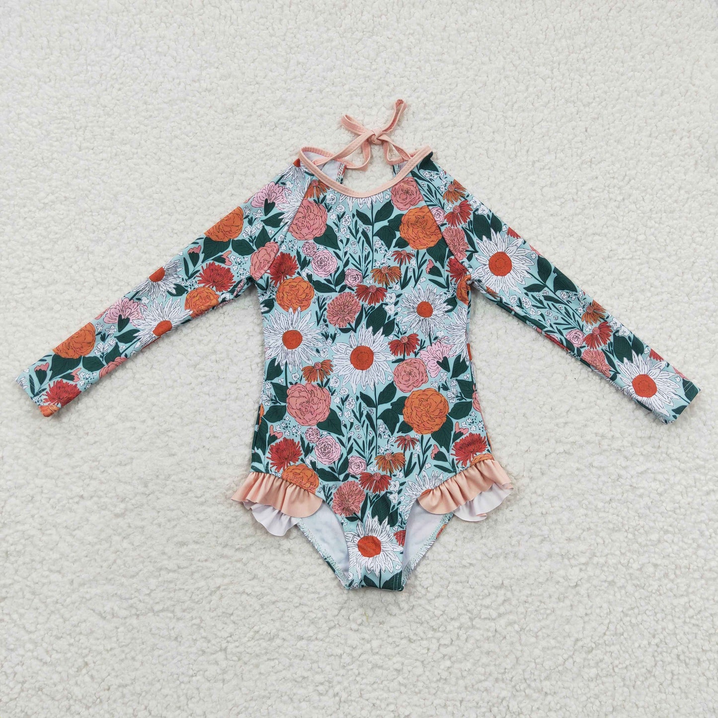 S0084 Girls long sleeve orange floral print 1 piece swimsuits