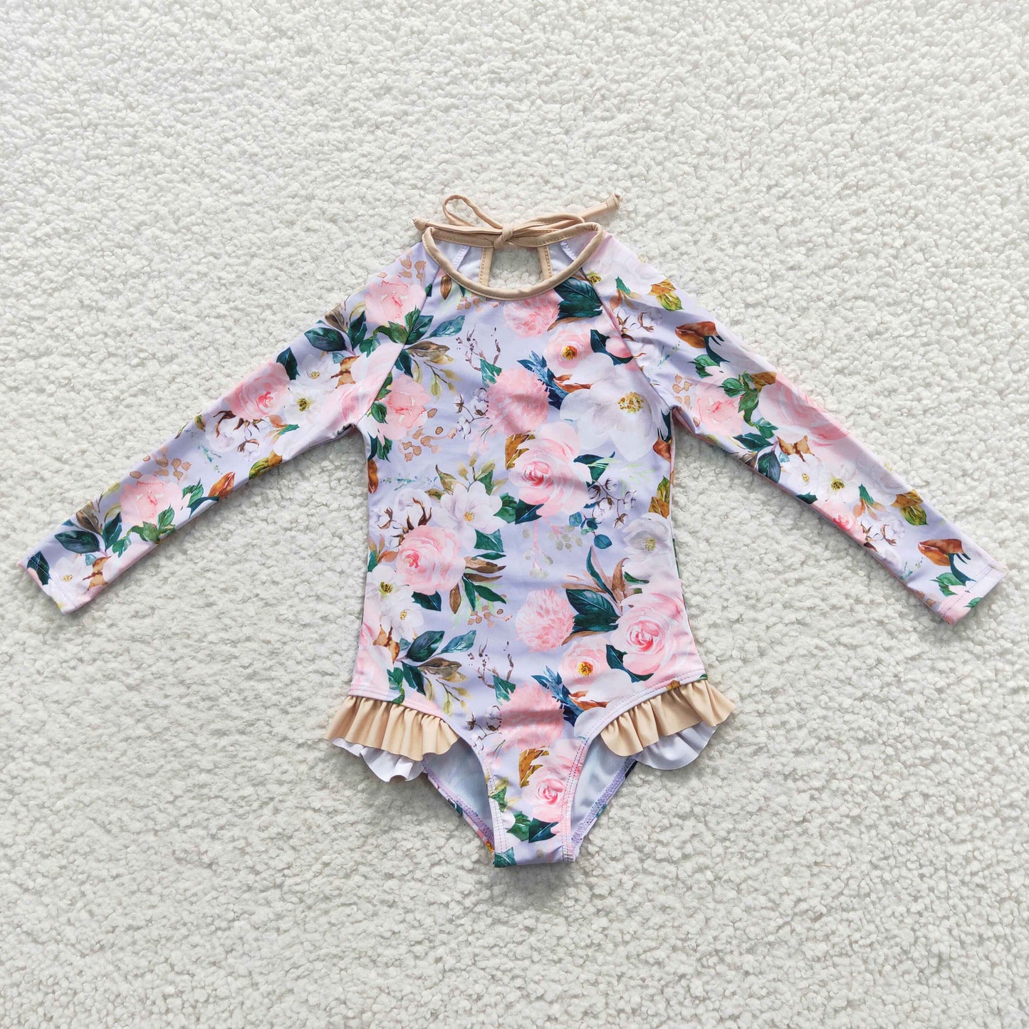 Girls floral print 1 piece long sleeve swimsuits S0085