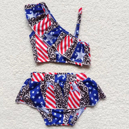 Girls 4th of July leopard print 2 pieces swimsuits S0094