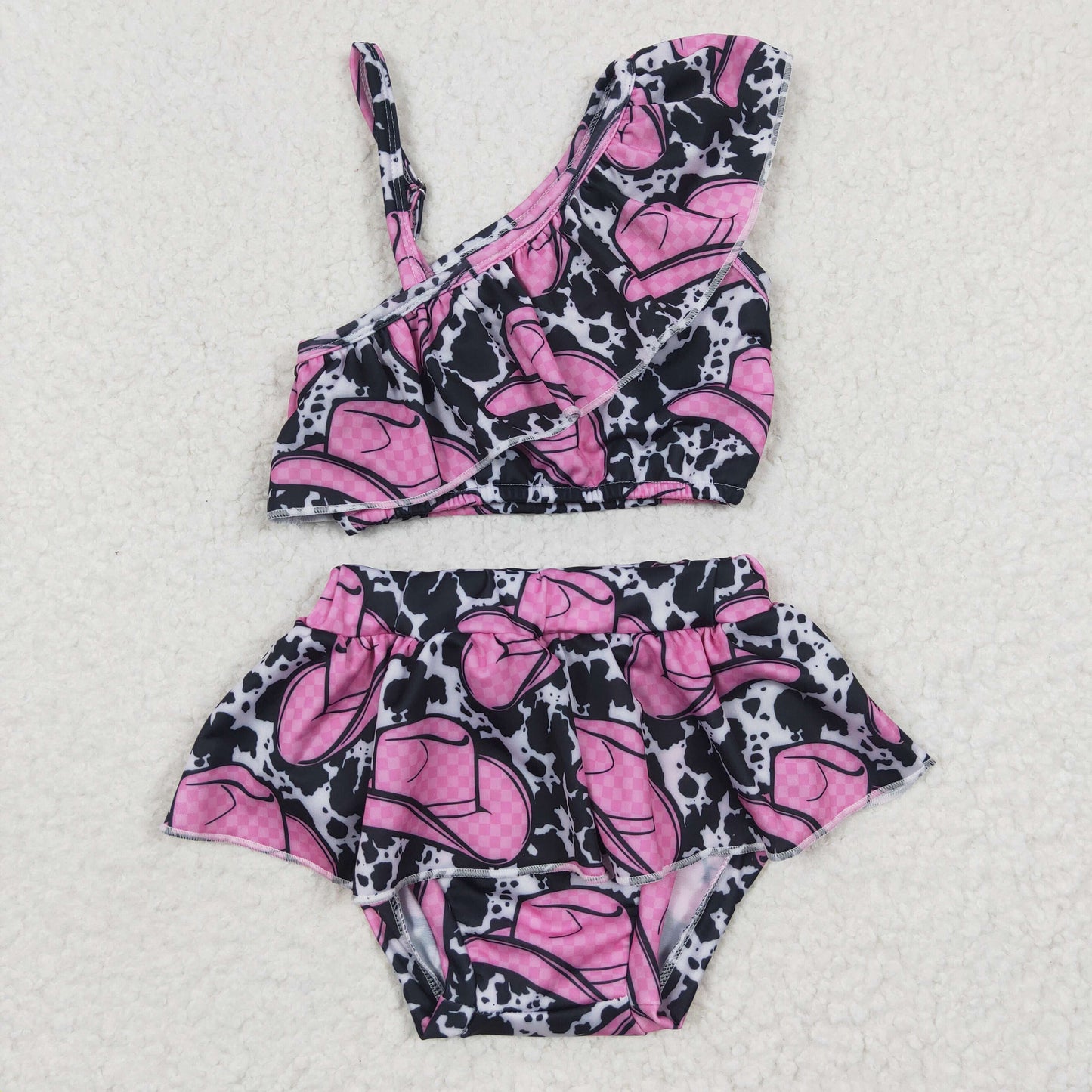 Girls pink hat print 2 pieces swimsuits S0098