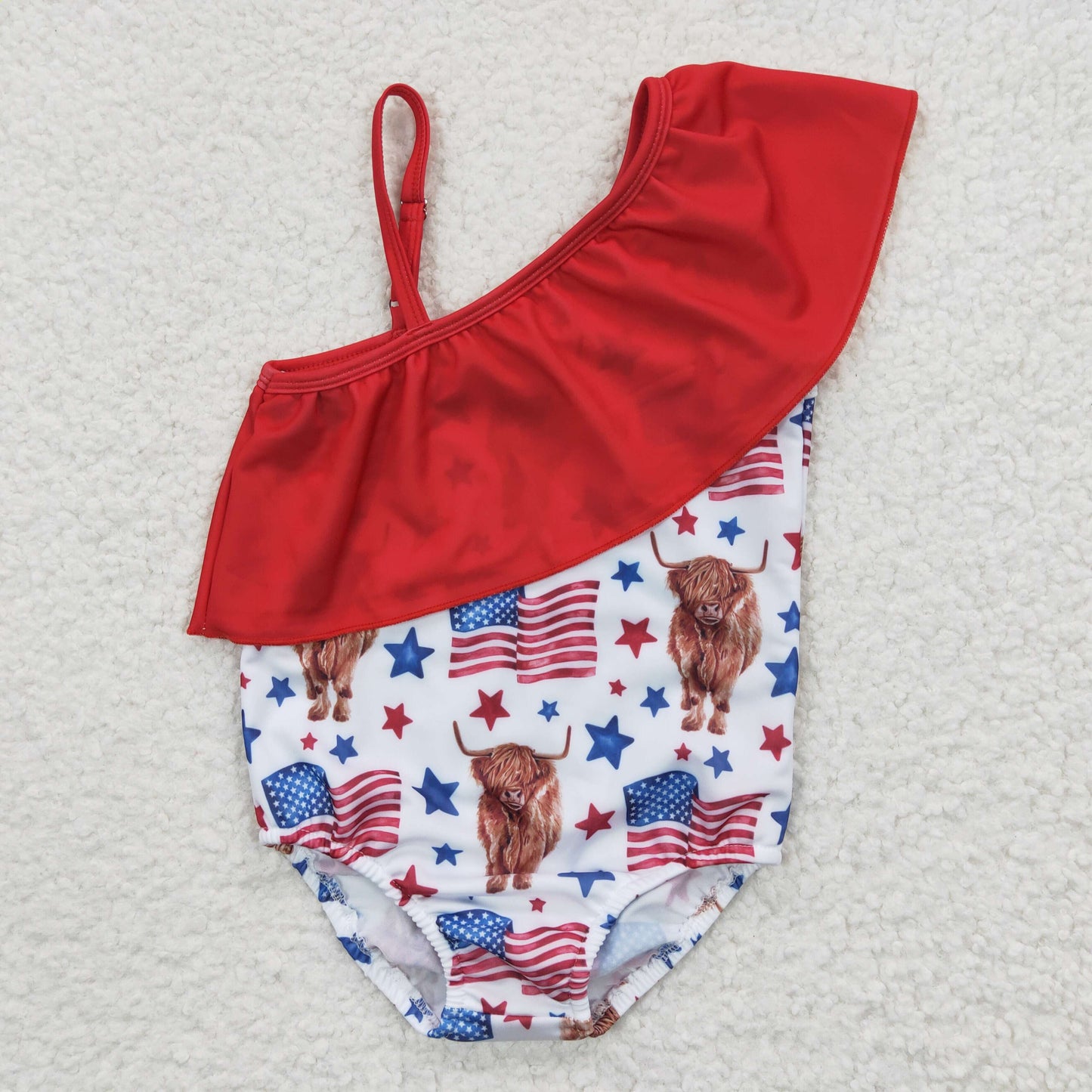 Girls 4th of July highland cow print 1 piece swimsuits S0101