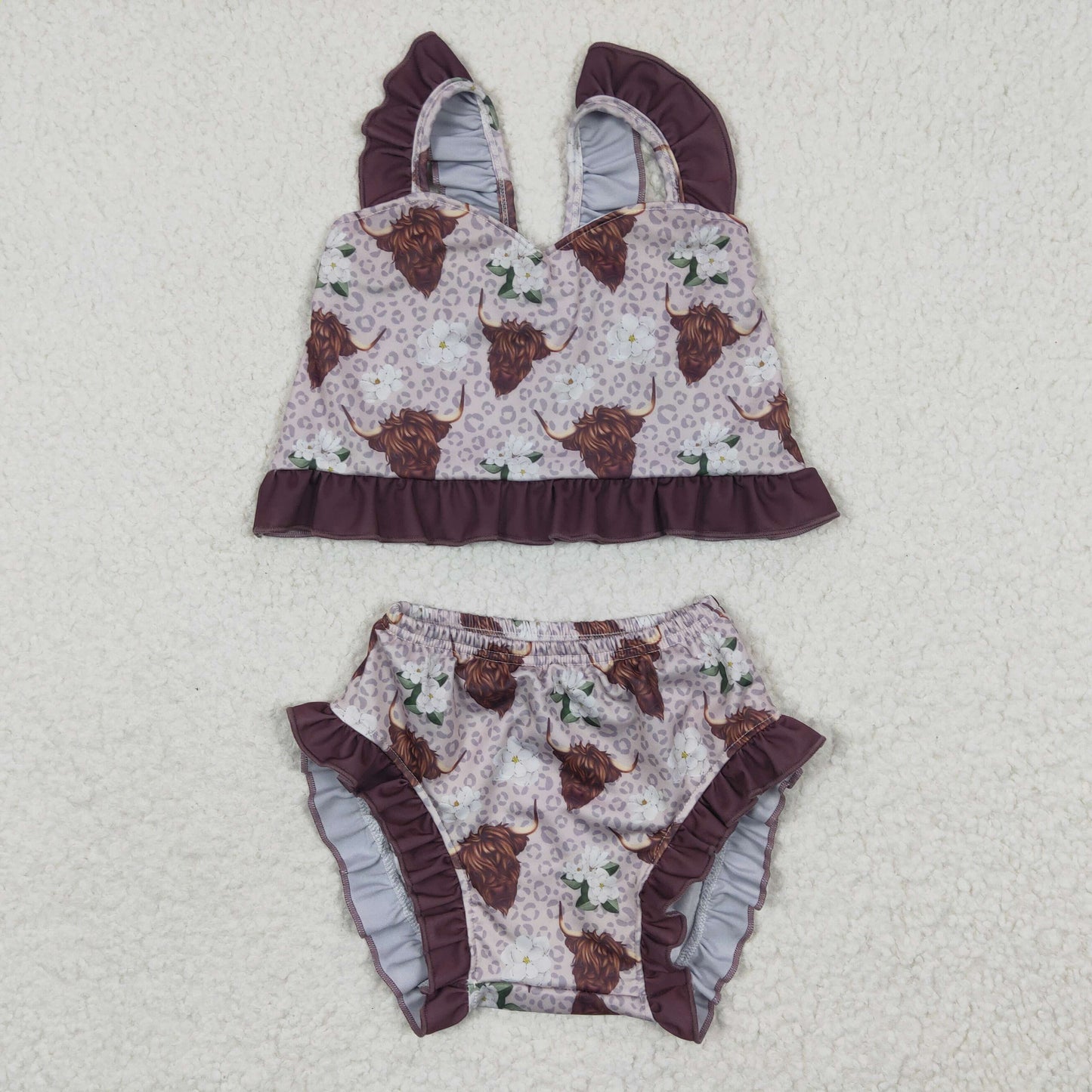 Girls brown highland cow print 2 pieces swimsuits S0103