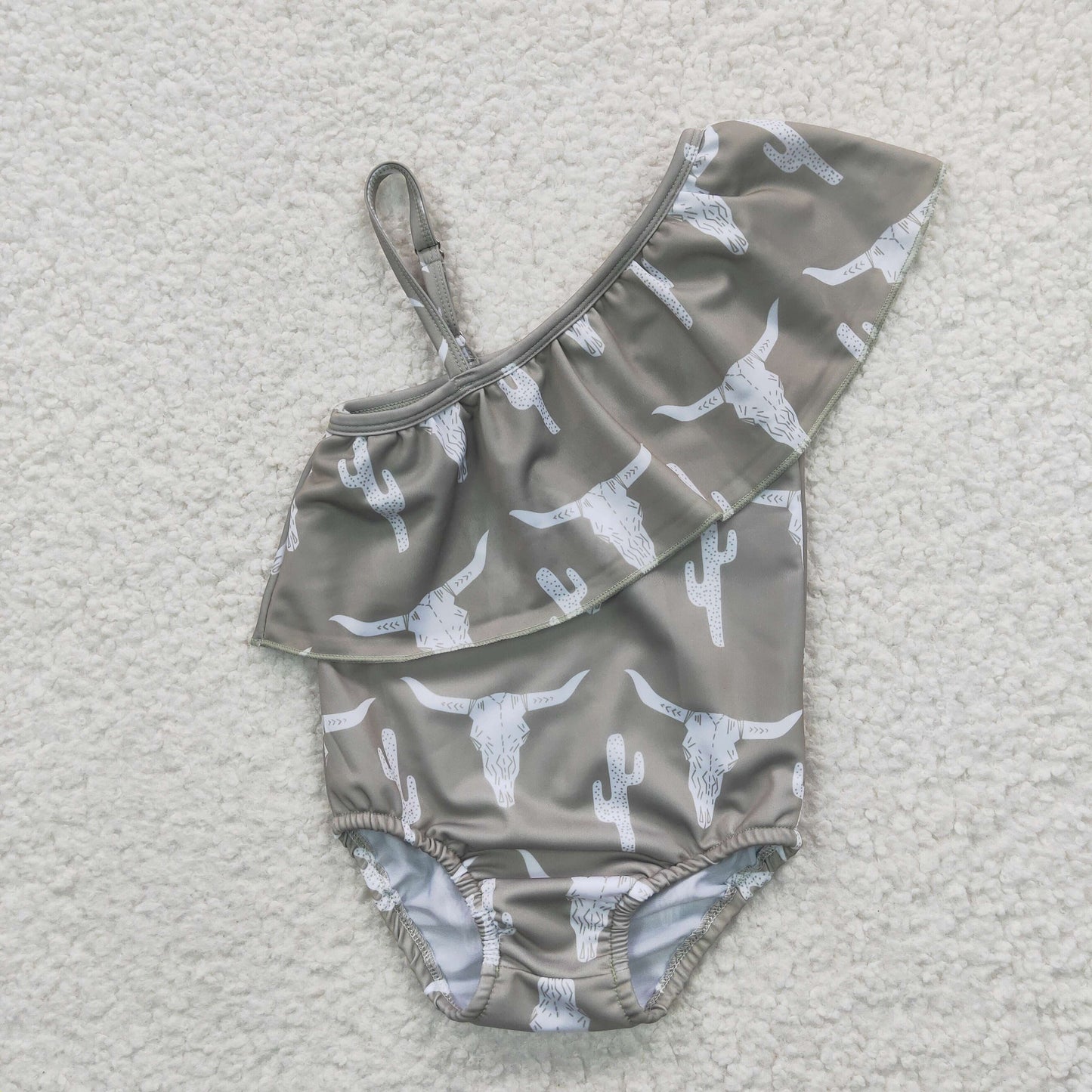 Girls green cow skull print 1 piece swimsuits S0106