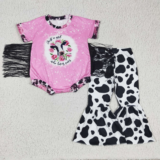 Girls pink cow print tassels romper top and bell bottom pants outfits   GSPO0440