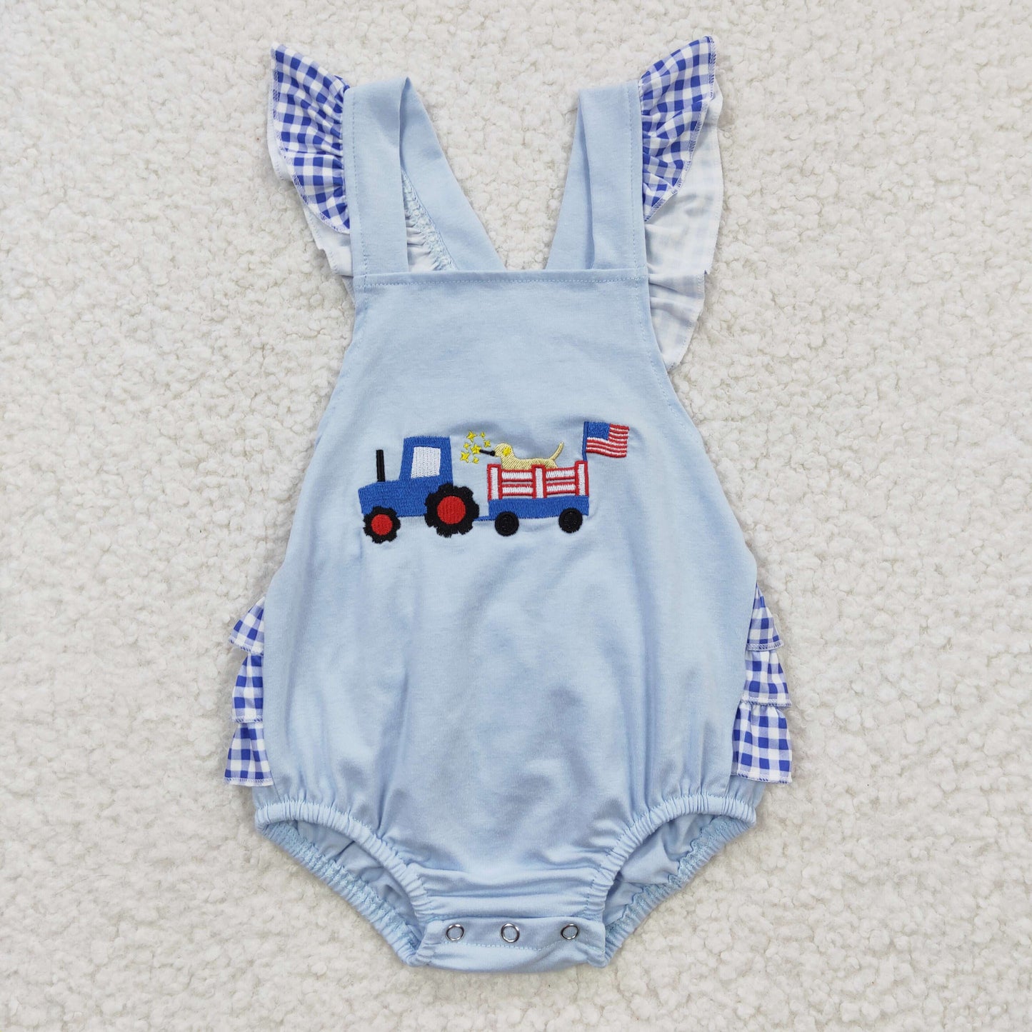 Baby girls truck dog flag print 4th of July bubble romper      SR0274