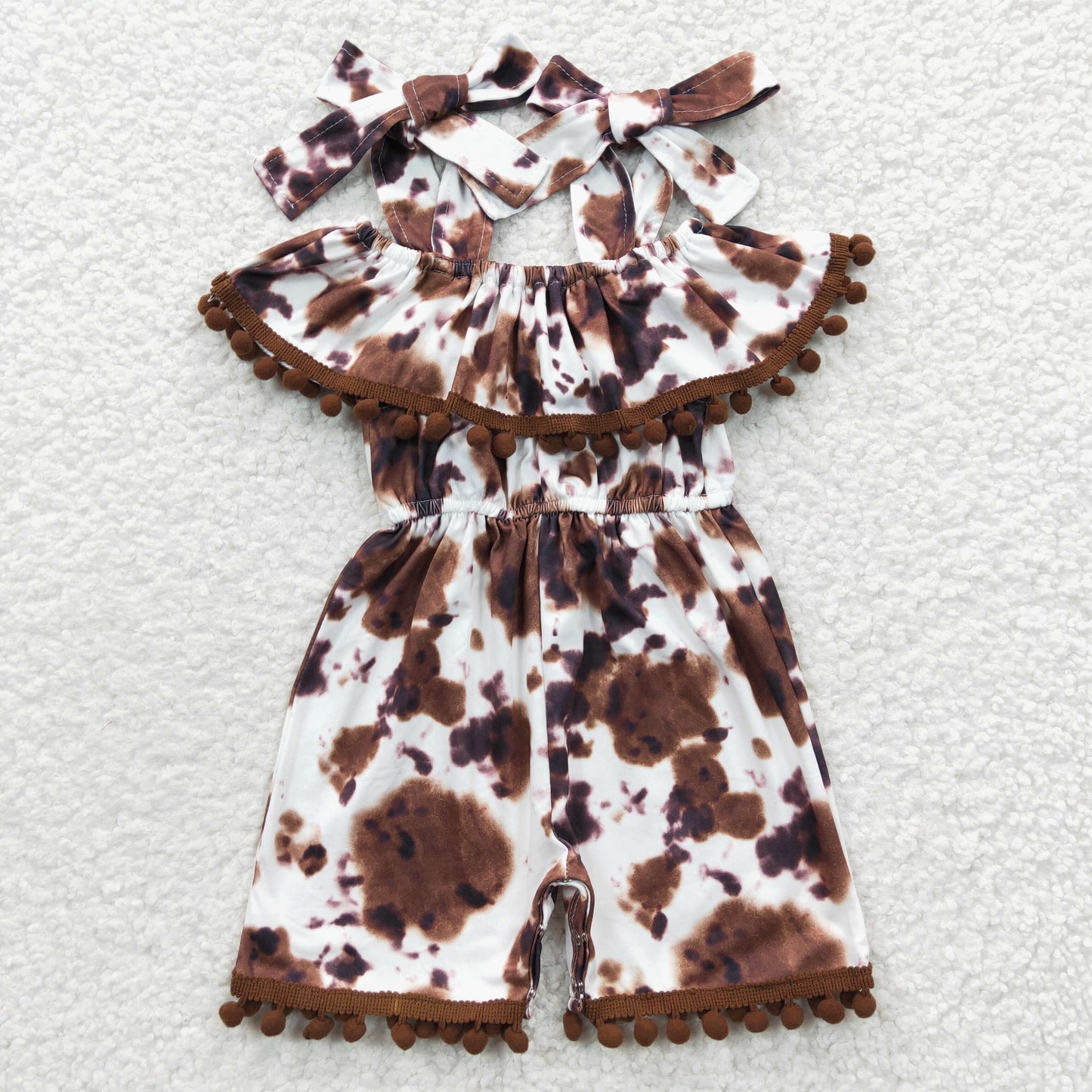 Girls brown cow print summer pompom jumpsuit SR0307